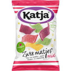 Katja Zure Matjes snoep, mix van aardbei-, appel-, banaan- en cassissmaak, zak van 250 g