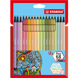 STABILO Pen 68 viltstift, kartonnen etui van 18 stuks in geassorteerde zachte kleuren