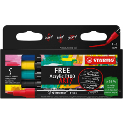 STABILO free acrylmarker T100 Royal, ronde punt, 1-2 mm, geassorteerde kleuren, pak van 5 stuks