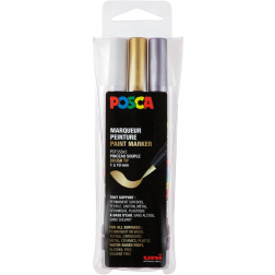 Posca paintmarker PCF-350, brush tip, étui van 3 stuks, assorti (goud, zilver en wit)