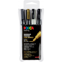 Uni POSCA paintmarker PC-3M, 1,5 mm, etui van 4 stuks in wit, zwart, goud en zilver