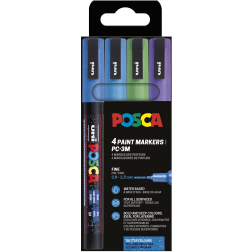 Uni POSCA paintmarker PC-3ML, 1,5 mm, glitter, etui van 4 stuks donkerblauw, lichtblauw, groen en violet