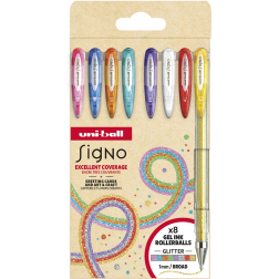 Uni-ball roller Signo Glitter, pointe large, geassorteerde kleuren, etui van 8 stuks