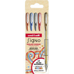 Uni-ball roller Signo Metallic, medium punt, geassorteerde kleuren, etui van 5 stuks