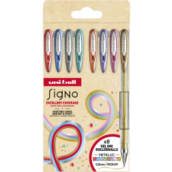Uni-ball roller Signo Metallic, medium punt, geassorteerde kleuren, etui van 8 stuks