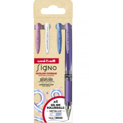 Uni-ball roller Signo Broad Creative, brede punt, etui van 4 stuks: roze, wit, blauw, paars