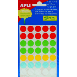 Apli ronde etiketten in etui diameter 13 mm, geassorteerde kleuren, 175 stuks, 35 per blad (7108)