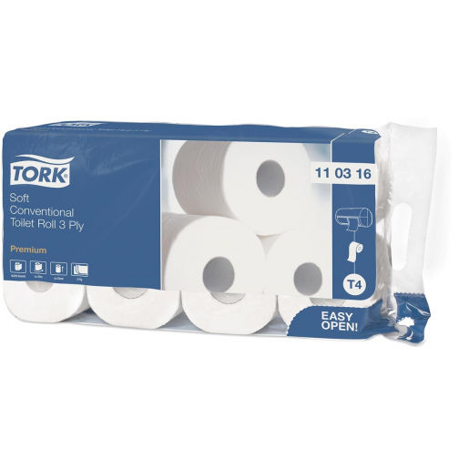 Tork Premium toiletpapier extra soft, 3-laags, 250 vellen, systeem T4, wit, pak van 8 rollen