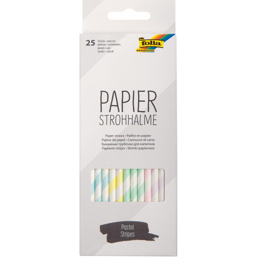 Folia papieren rietjes, ophangbaar doosje van 25 stuks, pastel strepen