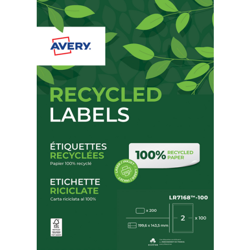 Etiket Avery LR7168-100 199.6x143.5mm recycled wit 200stuks