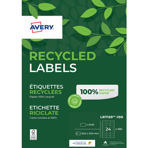 Etiket Avery LR7159-100 33.9x63.5mm recycled wit 2400stuks