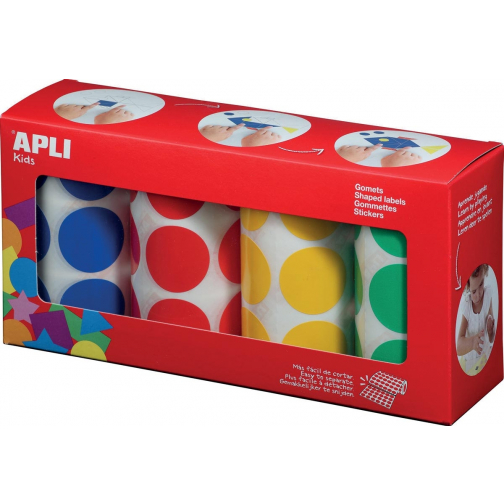Apli Kids stickers XL cirkels, diameter 33 mm, doos met 4 rollen in 4 kleuren