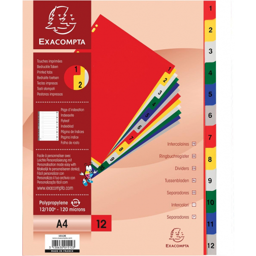 Exacompta tabbladen numeriek voor ft A4, uit PP 12/100e, 12 kleurtabs, met indexblad, wit