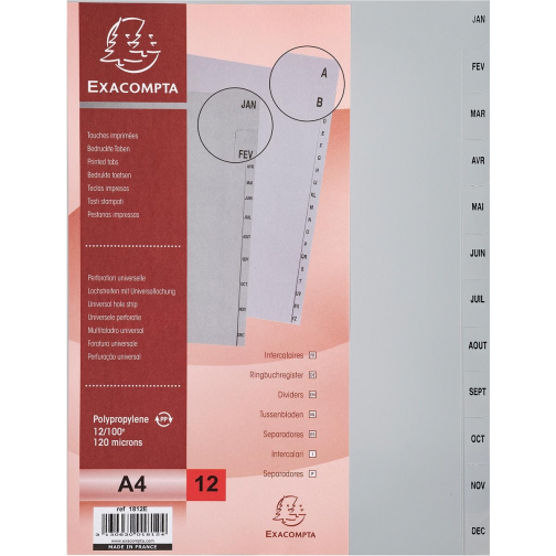 Exacompta tabbladen maandelijks A4, uit PP, 12 tabs, jan-dec, grijs, Frans