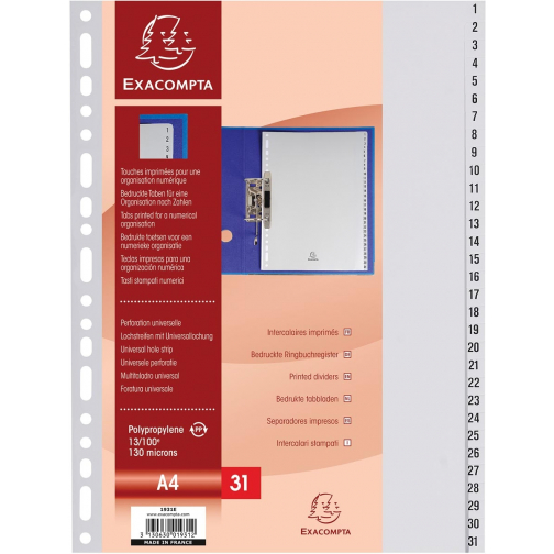 Exacompta tabbladen numeriek voor ft A4, uit PP, 31 tabs, grijs