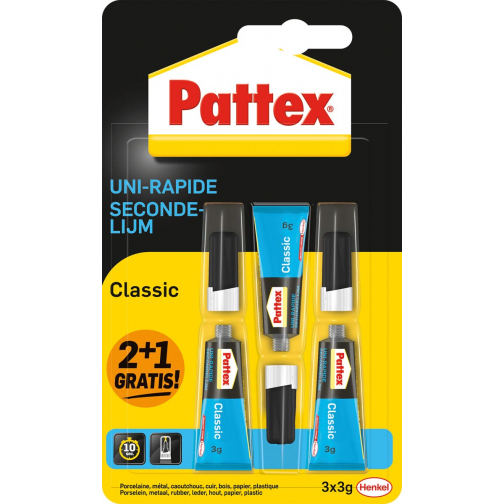 Pattex Classic secondelijm, 3 g, 2 + 1 gratis, op blister