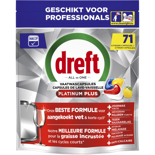 Dreft Pro Platinum Plus vaatwastabletten, Lemon, pak van 71 capsules