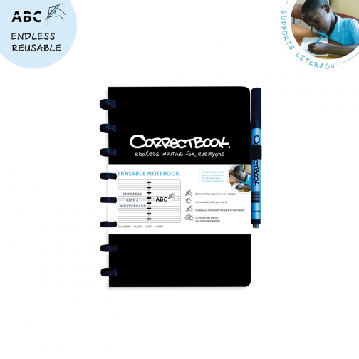 Correctbook A5 Original: uitwisbaar / herbruikbaar notitieboek, gelijnd, Ink Black (zwart)
