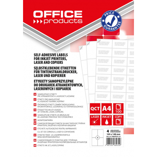 OFFICE products etiketten, wit, rechte hoeken, 100 vel, 105 x 148 mm, 4 etiketten per vel