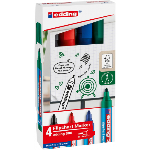 Edding flipchartmarker E-380, geassorteerde kleuren, blister van 4 stuks