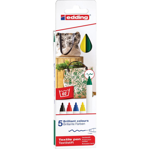 Edding textielstift 4600, set van 5 stuks in geassorteerde basiskleuren