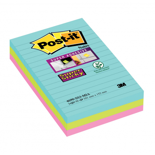 Post-it Super Sticky Notes XXL Cosmic, 90 vel, ft 101 X 152 mm, gelijnd, geassorteerde kleuren, pak van 3