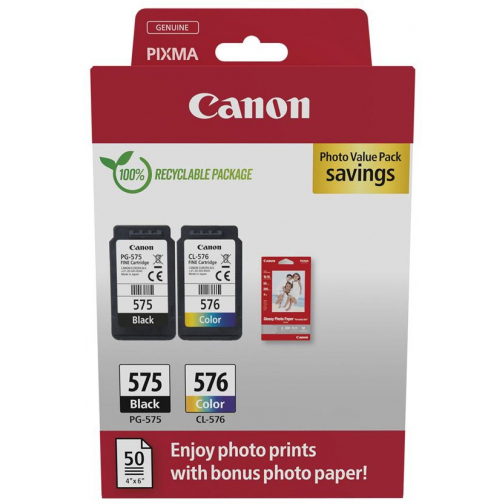 Canon photo value pack 1 x PG-575 + 1 x CL-576, 100 pagina's, OEM 5438C004, 4 kleuren