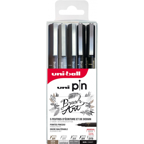 Uni Pin fineliner set Brush Art, geassorteerde kleuren, etui met 5 stuks in geassorteerde punten