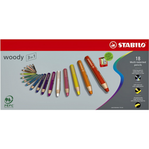 Kleurpotloden STABILO Woody 880/18-1-20 etui ÃÂ  18 kleuren met puntenslijper en penseel
