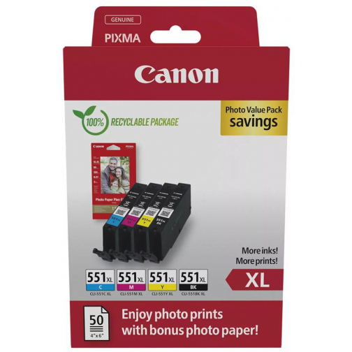 Canon photo value pack CLI-551XL, 660 pagina's, OEM 6443B008, 4 kleuren