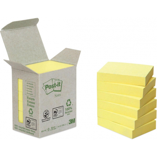 Post-it Recycled notes, 100 vel, ft 38 x 51 mm, geel, pak van 6 blokken