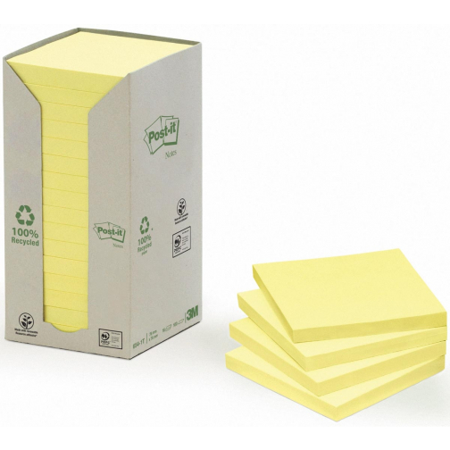 Post-it Recycled notes, 100 vel, ft 76 x 76 mm, geel, pak van 16 blokken
