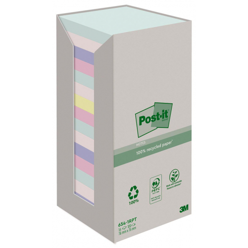 Post-it recycled notes Nature, 100 vel, ft 76 x 76 mm, pak van 16 blokken, geassorteerde kleuren