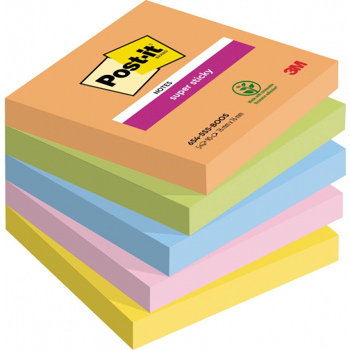 Post-it Super Sticky notes Boost, 90 vel, ft 76 x 76 mm, geassorteerde kleuren, pak van 5 blokken