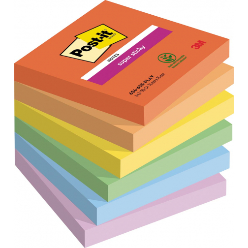 Post-it Super Sticky Notes Playful, 90 vel, ft 76 x 76 mm, geassorteerde kleuren, pak van 6 blokken
