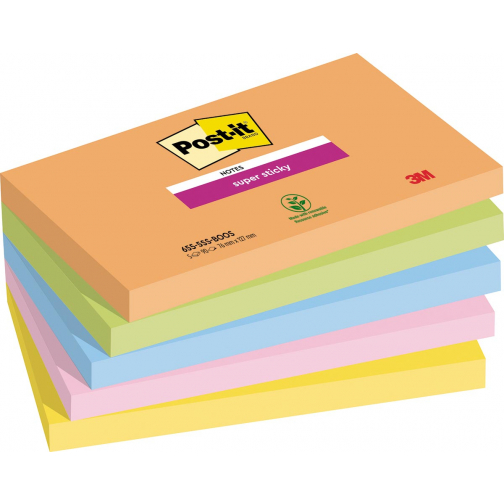 Post-it Super Sticky notes Boost, 90 vel, ft 76 x 127 mm, geassorteerde kleuren, pak van 5 blokken