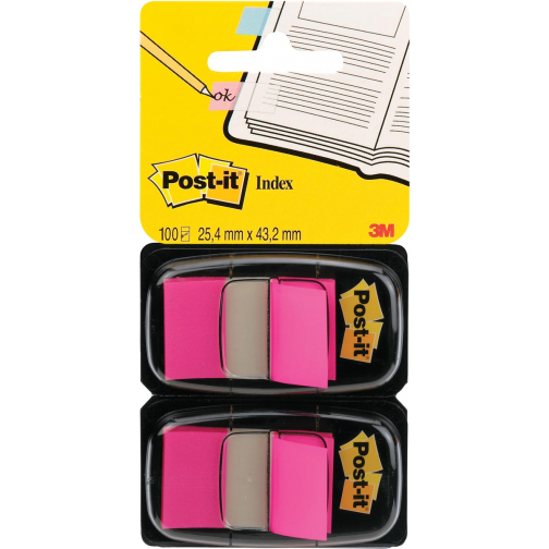 Post-it index standaard, ft 24,4 x 43,2 mm, houder met 2 x 50 tabs, roze