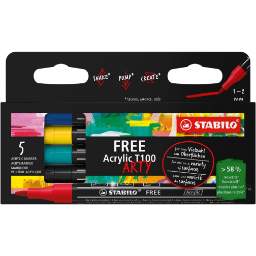 STABILO free acrylmarker T100 Royal, ronde punt, 1-2 mm, geassorteerde kleuren, pak van 5 stuks