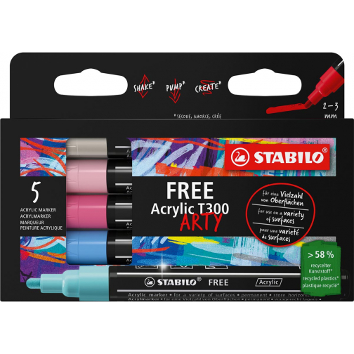 STABILO Free acrylmarker T300 Candy, ronde punt, 2-3 mm, geassorteerde kleuren, pak van 5 stuks