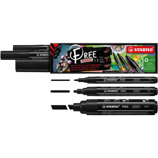 STABILO free acrylmarker, verschillende formaten, zwart, pak van 3 stuks