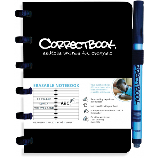 Correctbook A6 Original: uitwisbaar / herbruikbaar notitieboek, gelijnd, Ink Black (zwart)