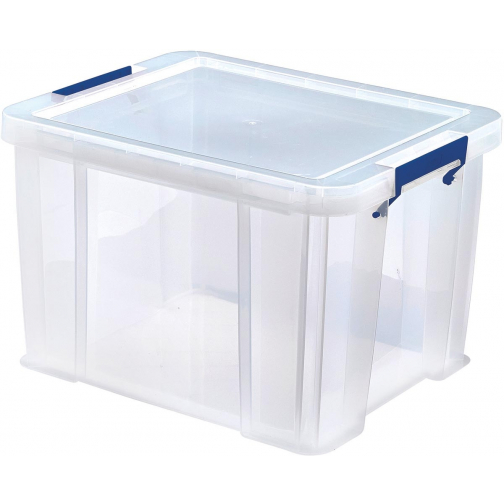 Bankers Box opbergdoos 36 liter, transparant met blauwe handvaten, per stuk verpakt in karton