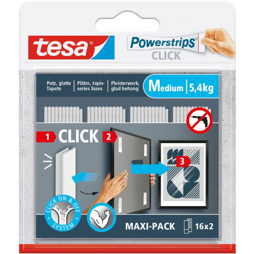 Tesa Powerstrips Click medium, draagkracht 1 kg, blister van 2 x 16 stuks
