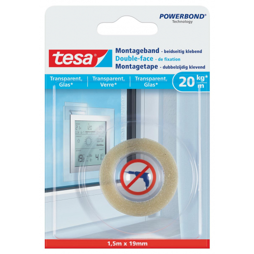 Tesa Powerbond montagetape Transparant, 19 mm x 1,5 m