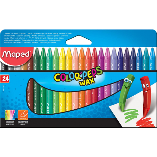 Maped waskrijt Color'Peps Wax, doos van 24 stuks in geassorteerde kleuren