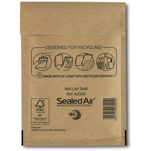 Mail Lite luchtkussenenveloppen, goud, A/000, 110 x 160 mm, doos van 200 stuks