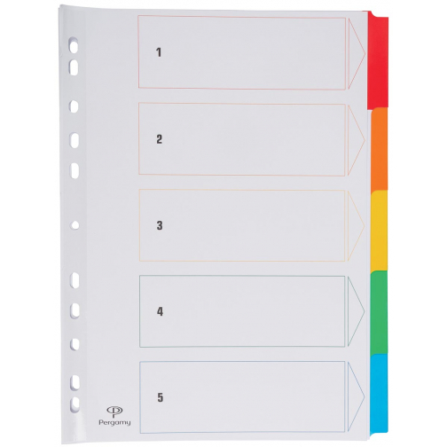 Pergamy tabbladen met indexblad, ft A4, 11-gaatsperforatie, geassorteerde kleuren, 5 tabs