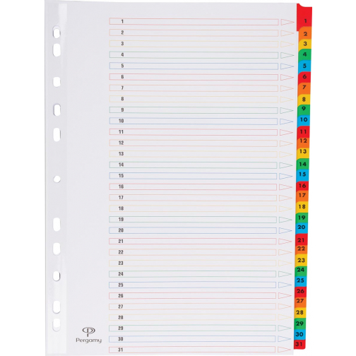 Pergamy tabbladen met indexblad, ft A4, 11-gaatsperforatie, geassorteerde kleuren, set 1-31