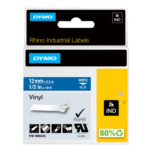 Labeltape Dymo Rhino 1805243 12mm x5.5m vinyl wit op blauw