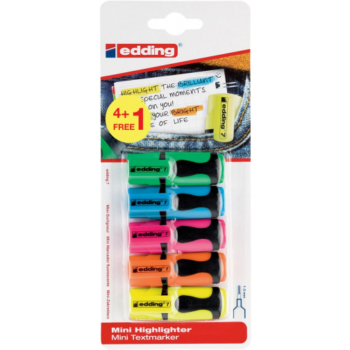 Edding mini markeerstift 7, blister met 5 stuks (4 + 1 gratis) geassorteerde kleuren